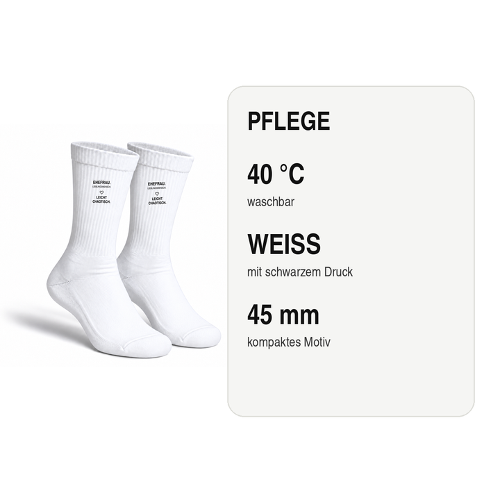 Pflegehinweis für Ehefrau-Socken: waschbar bei 40 Grad Celsius