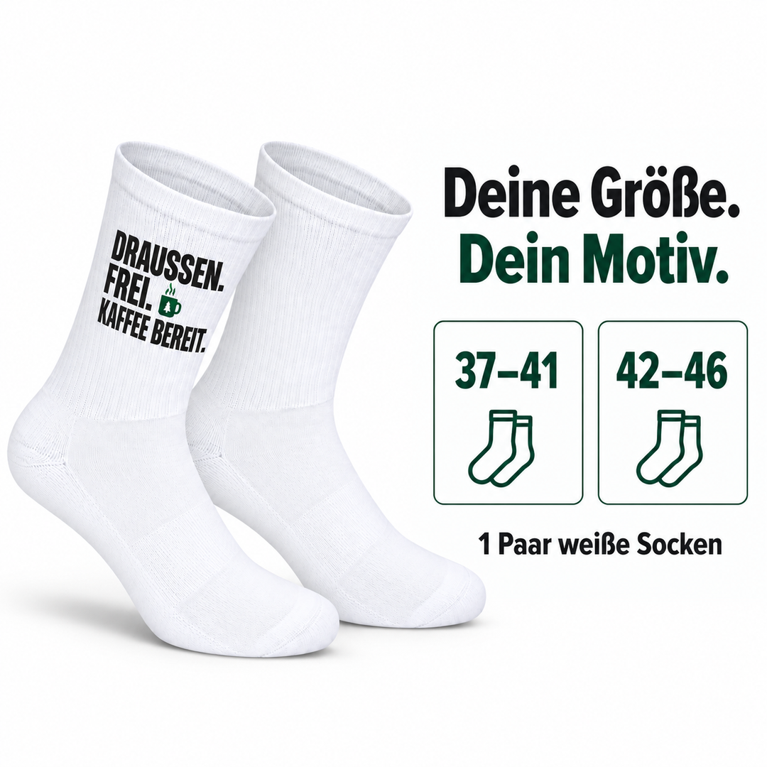 Camping-Socken „Draußen. Frei. Kaffee bereit.“ – Größenauswahl 37–41 und 42–46, Lieferumfang 1 Paar