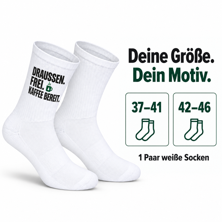 Camping-Socken „Draußen. Frei. Kaffee bereit.“ – Größenauswahl 37–41 und 42–46, Lieferumfang 1 Paar
