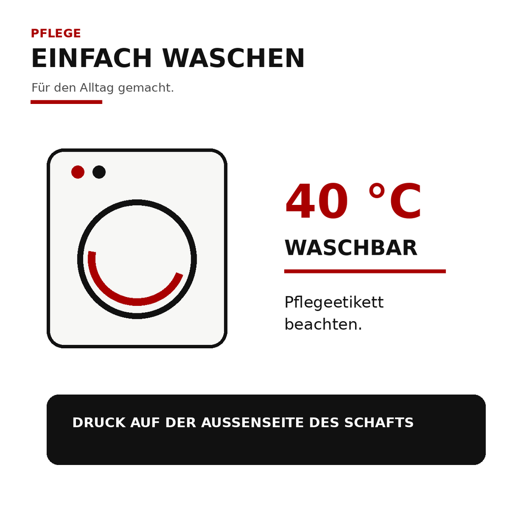 Pflegehinweis für Bäckerin-Socken: waschbar bei 40 Grad Celsius