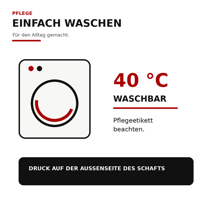 Pflegehinweis für Bäckerin-Socken: waschbar bei 40 Grad Celsius