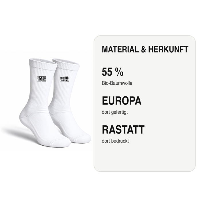Socken mit 55 Prozent Bio-Baumwolle, in Europa gefertigt und in Rastatt bedruckt