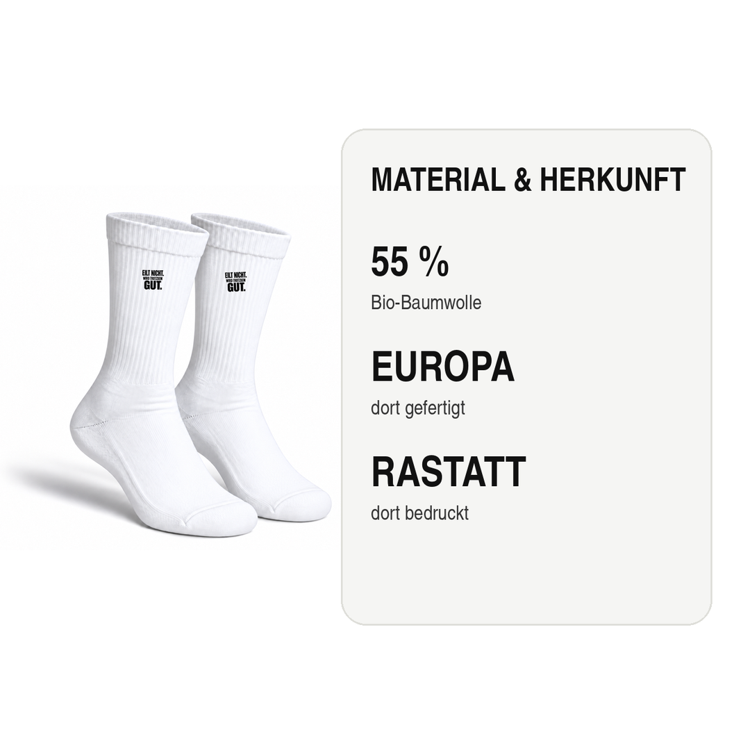 Socken mit 55 Prozent Bio-Baumwolle, in Europa gefertigt und in Rastatt bedruckt