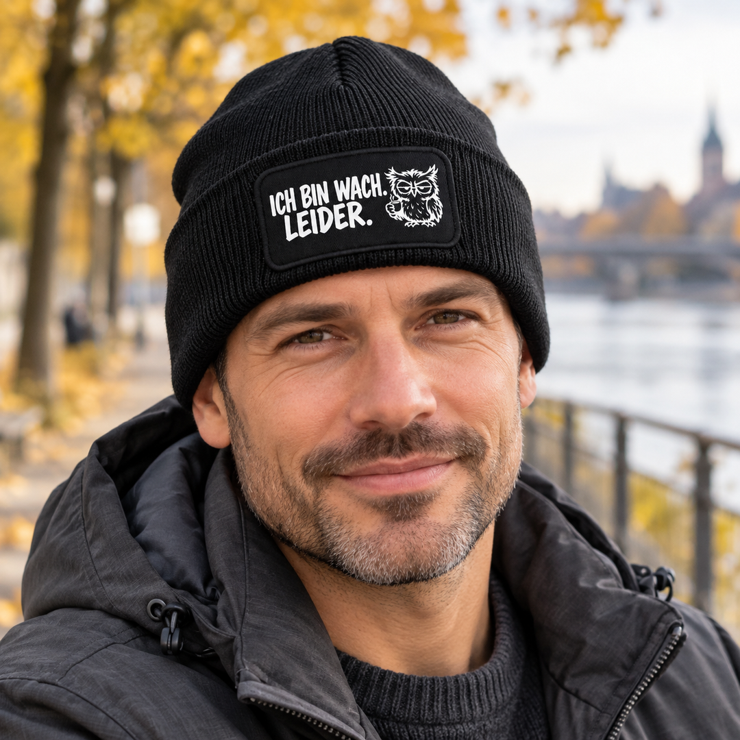 Mütze „ICH BIN WACH. LEIDER.“ – Comic-Eule | 7 Farben – Lifestyle-Ansicht in Schwarz