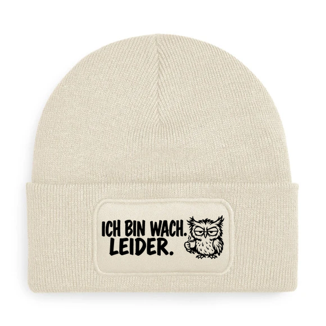 Mütze ICH BIN WACH. LEIDER. Comic-Eule Beige