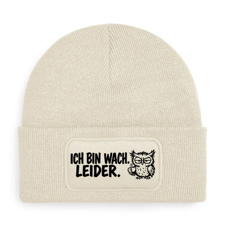 Mütze ICH BIN WACH. LEIDER. Comic-Eule Beige