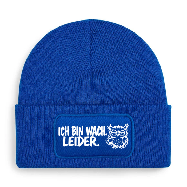 Mütze ICH BIN WACH. LEIDER. Comic-Eule Blau