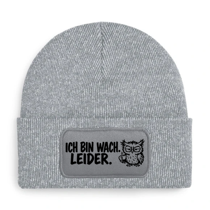 Mütze ICH BIN WACH. LEIDER. Comic-Eule Grau