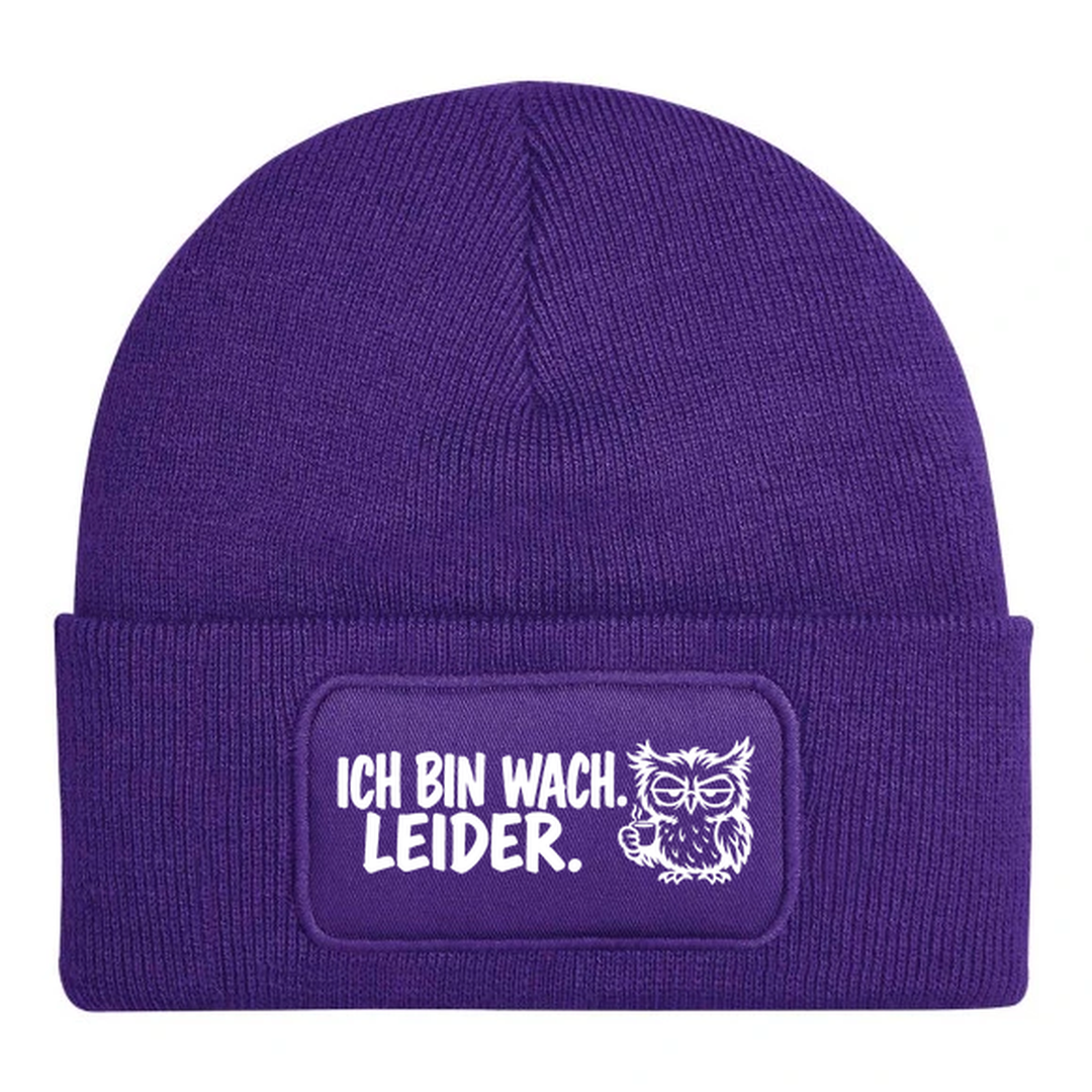 Mütze ICH BIN WACH. LEIDER. Comic-Eule Lila