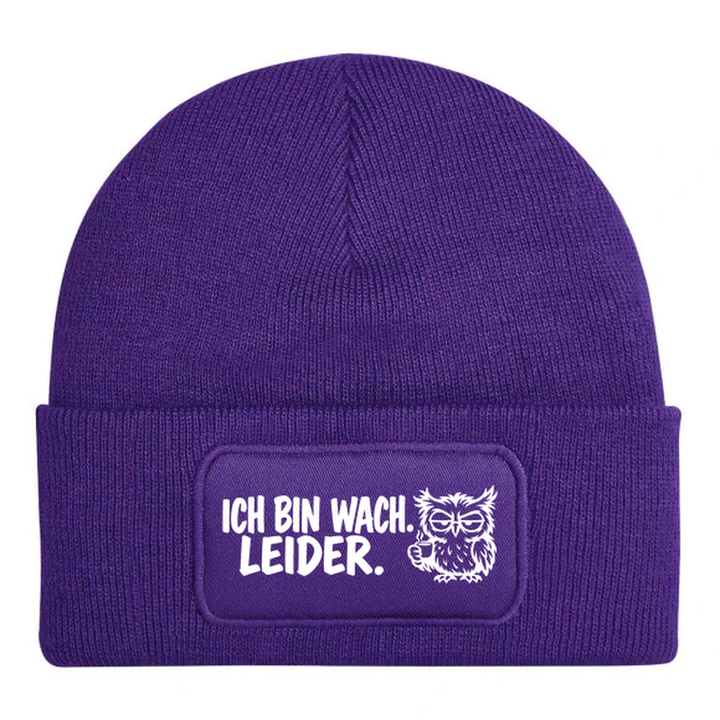 Mütze ICH BIN WACH. LEIDER. Comic-Eule Lila