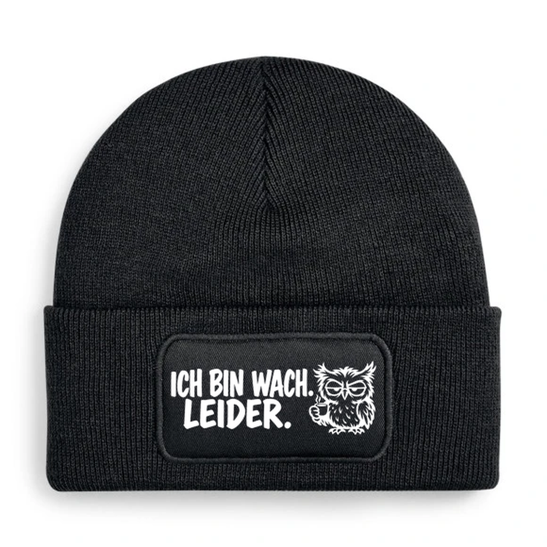 Mütze ICH BIN WACH. LEIDER. Comic-Eule Schwarz