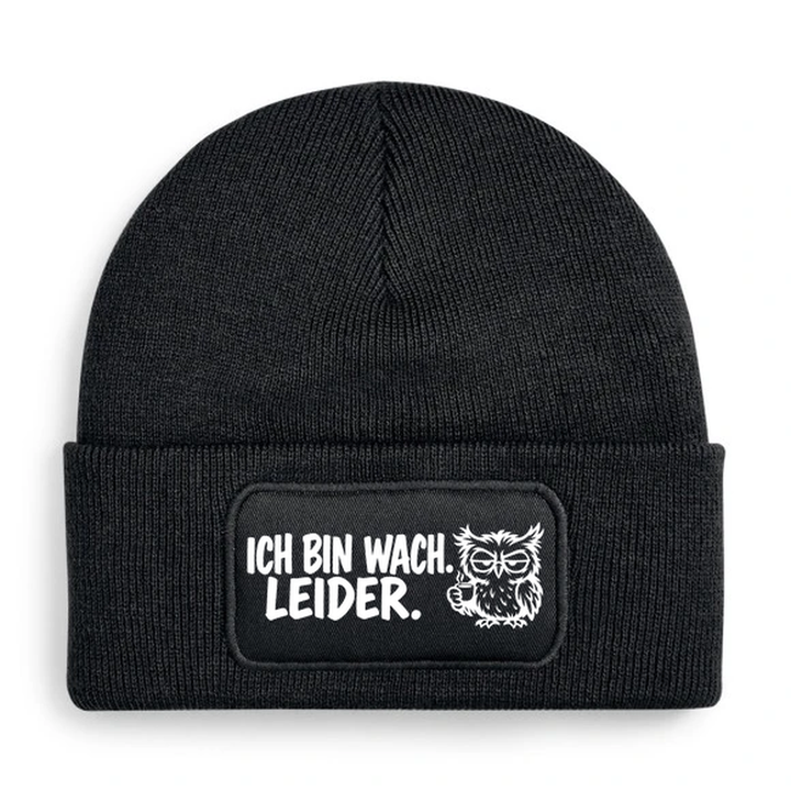Mütze ICH BIN WACH. LEIDER. Comic-Eule Schwarz
