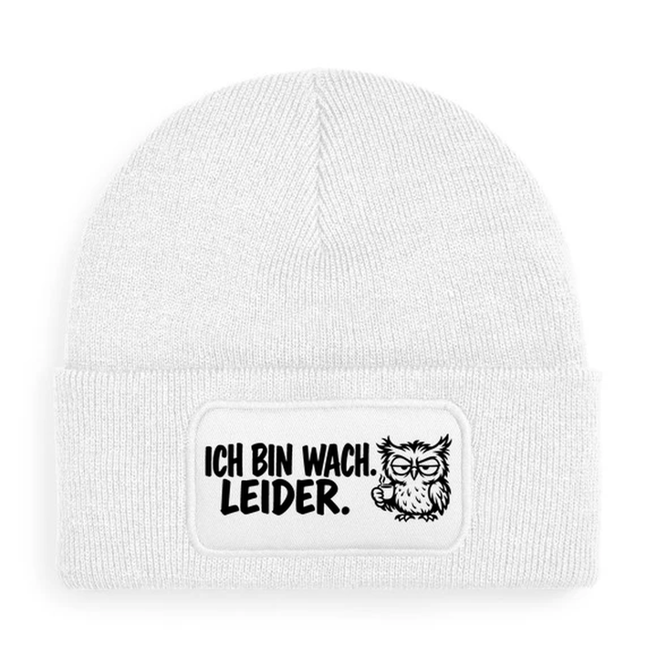 Mütze ICH BIN WACH. LEIDER. Comic-Eule Weiß
