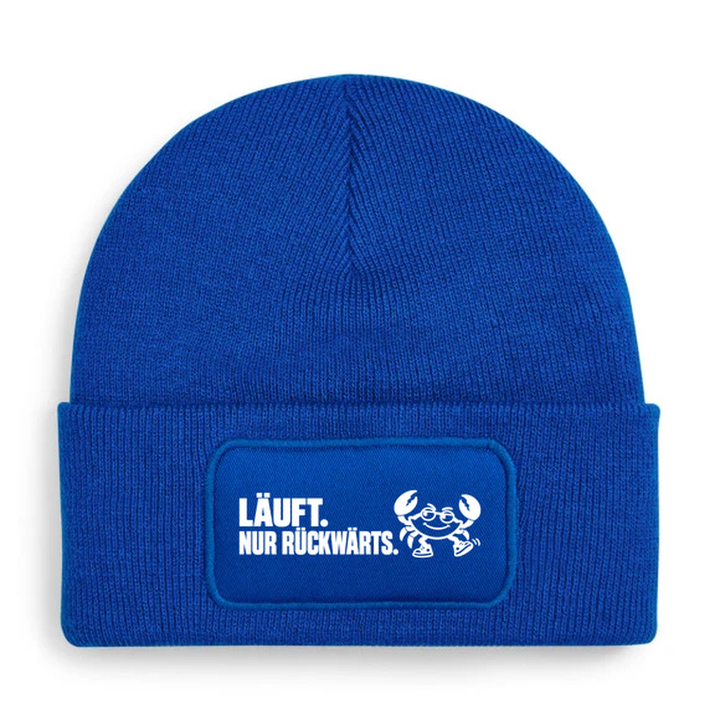 Mütze LÄUFT. NUR RÜCKWÄRTS. Comic-Krabbe Blau