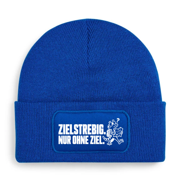 Mütze ZIELSTREBIG. NUR OHNE ZIEL. mit Comic-Gecko in Blau