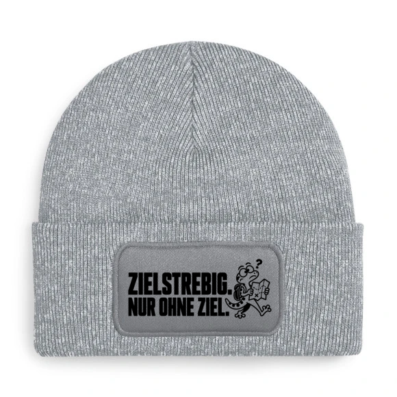 Mütze ZIELSTREBIG. NUR OHNE ZIEL. mit Comic-Gecko in Grau