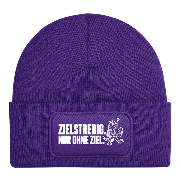 Mütze ZIELSTREBIG. NUR OHNE ZIEL. mit Comic-Gecko in Lila