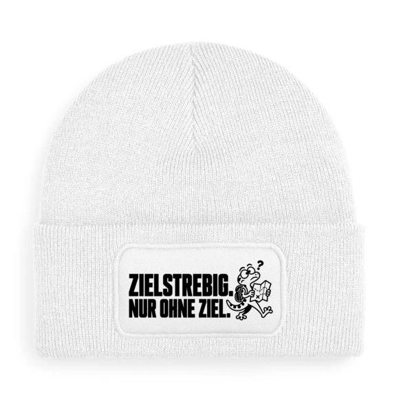 Mütze ZIELSTREBIG. NUR OHNE ZIEL. mit Comic-Gecko in Weiß