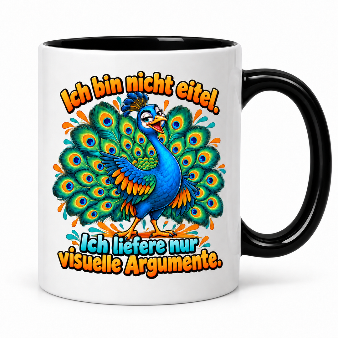 Lustige Pfau-Tasse PFAU-ARGUMENTE in Schwarz