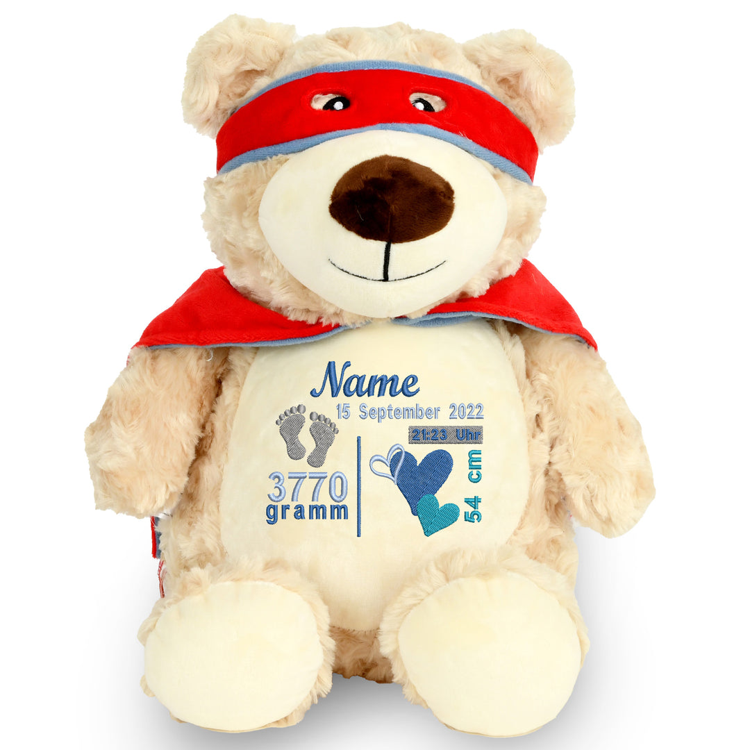 Personalisiertes Kuscheltier Bär mit Name – Hero Bear Plüschtier für Babys & Kinder | Geschenk zur Geburt, Taufe oder Geburtstag
