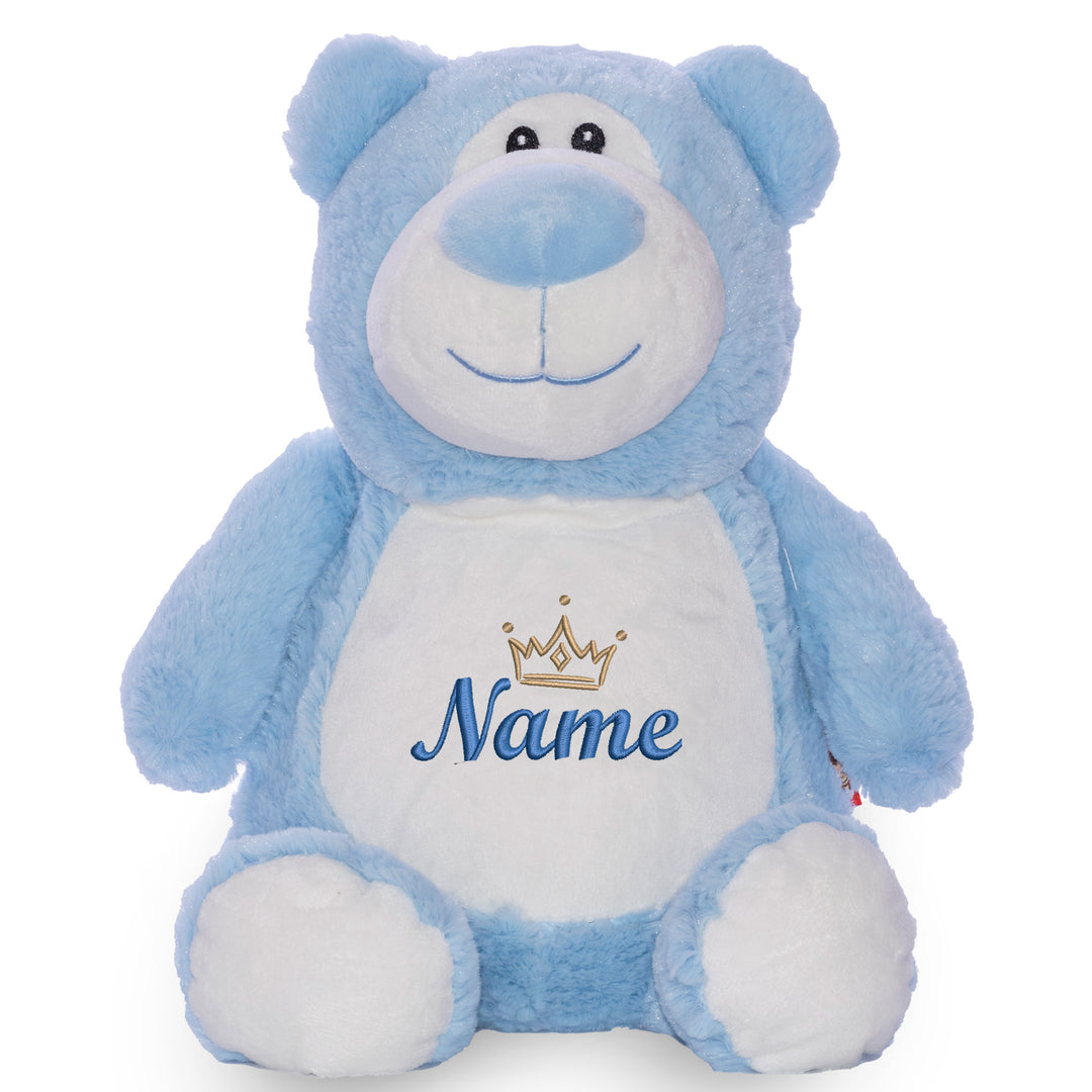 Personalisiertes Kuscheltier Bär Blau mit Name & Krone – Prinz Plüschtier für Babys & Kinder | Geschenk zur Geburt, Taufe oder Geburtstag