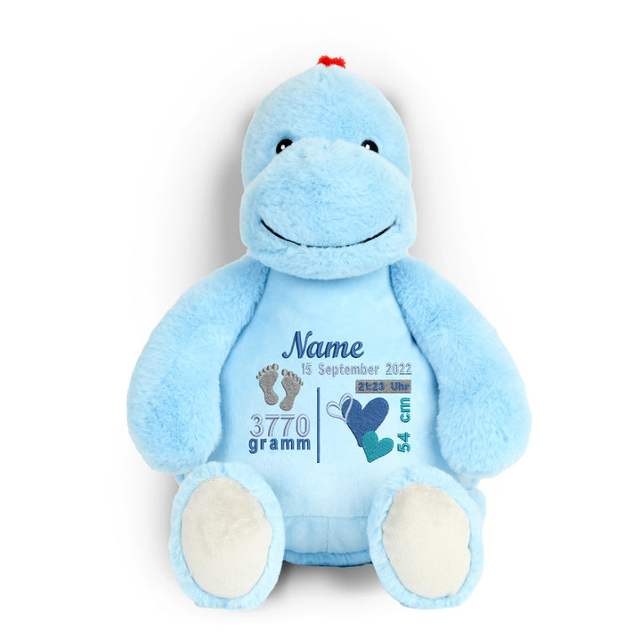 Personalisiertes Kuscheltier Baby Dinosaurier mit Name & Geburtsdaten – Geschenk zur Geburt oder Taufe