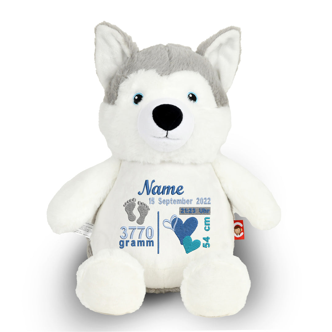 Personalisiertes Kuscheltier Wolf mit Name & Geburtsdaten – Geschenk zur Geburt oder Taufe