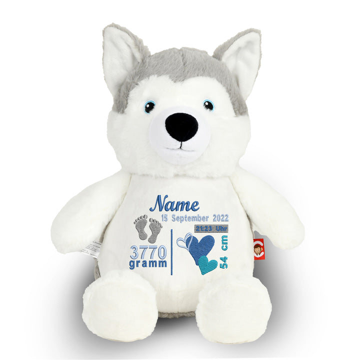 Personalisiertes Kuscheltier Wolf mit Name & Geburtsdaten – Geschenk zur Geburt oder Taufe
