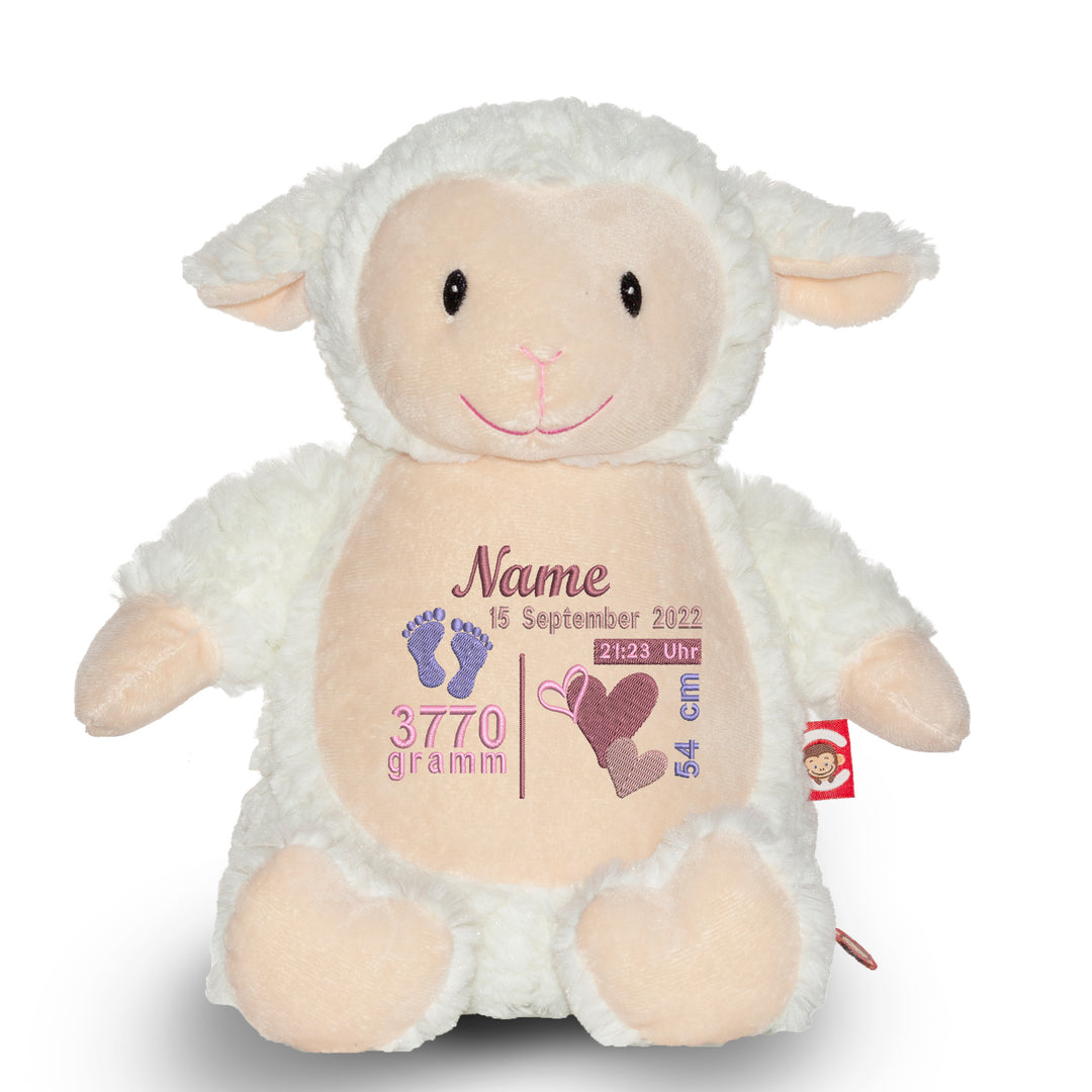 Personalisiertes Kuscheltier Fluffy Lamb mit Name & Geburtsdaten – Geschenk zur Geburt oder Taufe