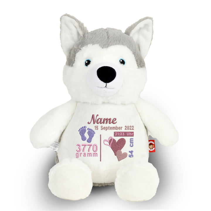 Personalisiertes Kuscheltier Wolf mit Name & Geburtsdaten – Geschenk zur Geburt oder Taufe
