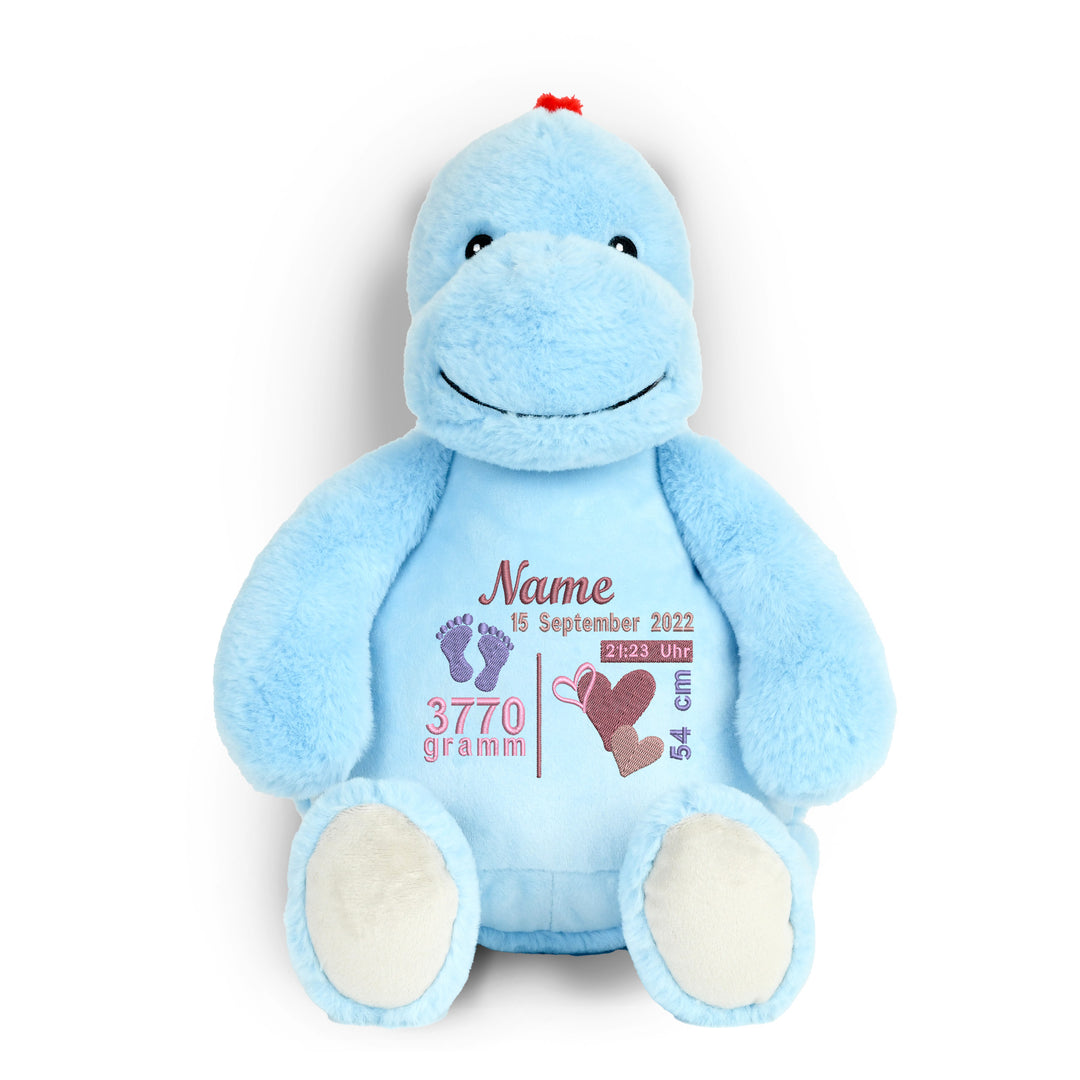 Personalisiertes Kuscheltier Baby Dinosaurier mit Name & Geburtsdaten – Geschenk zur Geburt oder Taufe