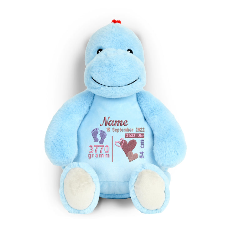 Personalisiertes Kuscheltier Baby Dinosaurier mit Name & Geburtsdaten – Geschenk zur Geburt oder Taufe