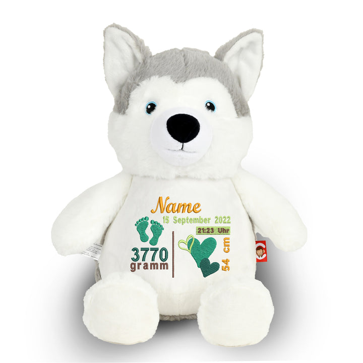 Personalisiertes Kuscheltier Wolf mit Name & Geburtsdaten – Geschenk zur Geburt oder Taufe