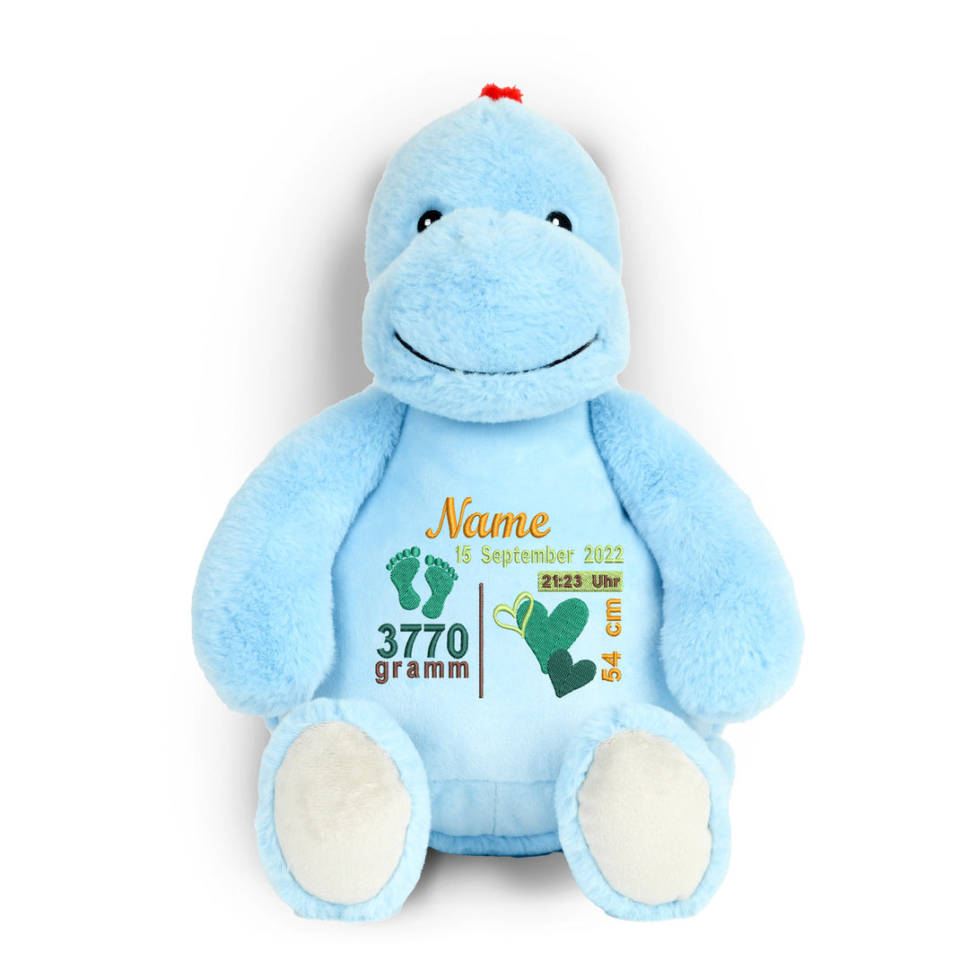 Personalisiertes Kuscheltier Baby Dinosaurier mit Name & Geburtsdaten – Geschenk zur Geburt oder Taufe