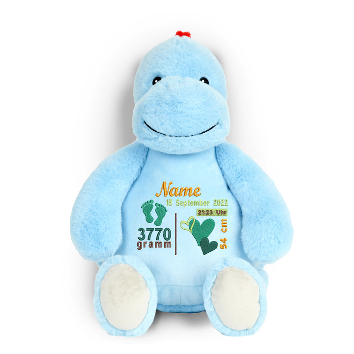 Personalisiertes Kuscheltier Baby Dinosaurier mit Name & Geburtsdaten – Geschenk zur Geburt oder Taufe