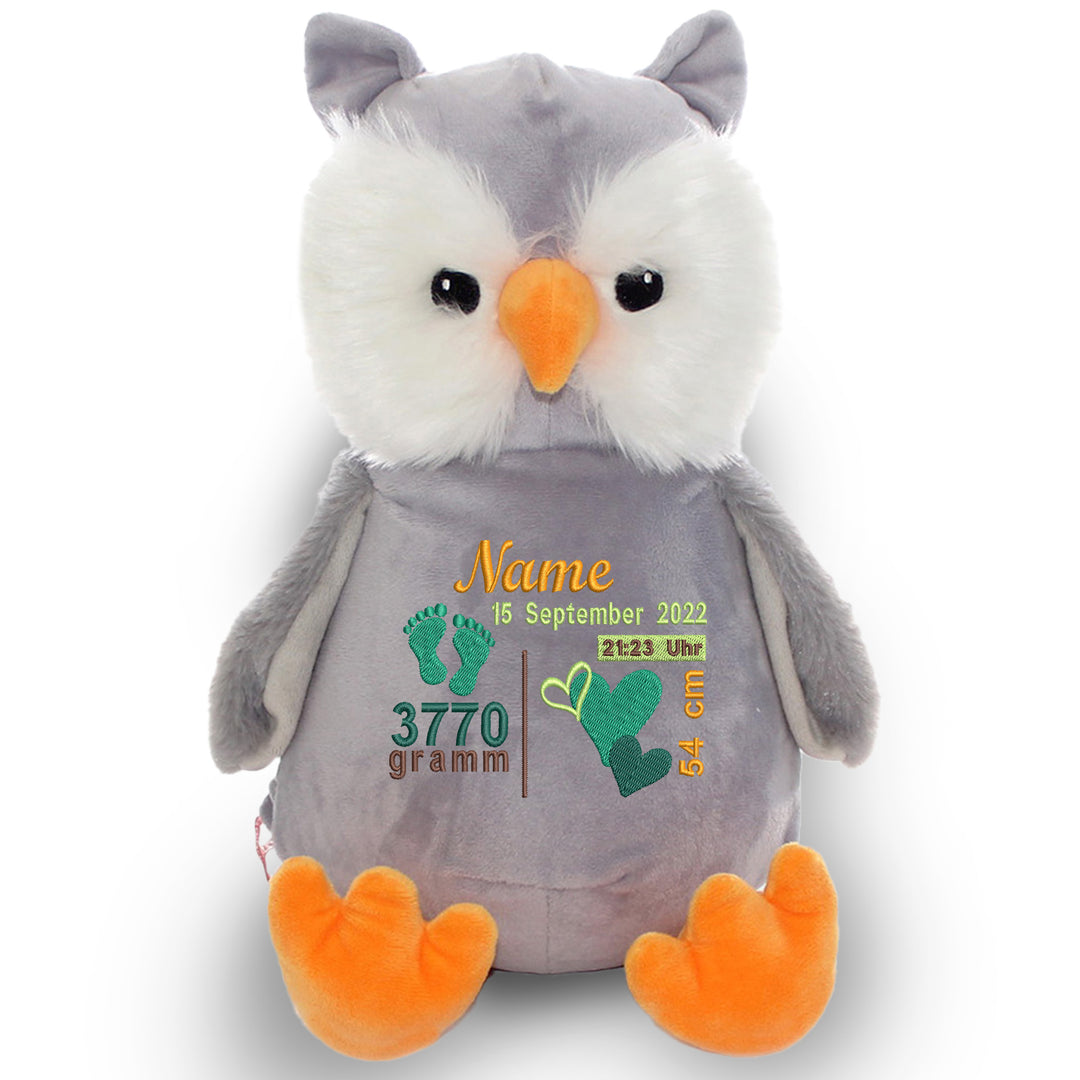 Personalisiertes Kuscheltier Owl mit Name & Geburtsdaten – Geschenk zur Geburt oder Taufe