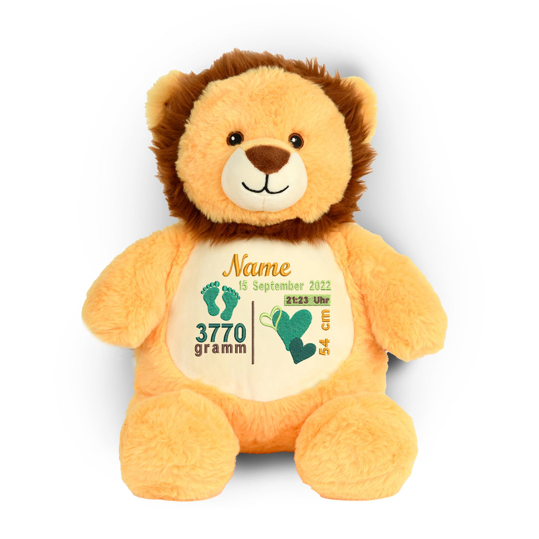 Personalisiertes Kuscheltier Baby Lion mit Name & Geburtsdaten – Geschenk zur Geburt oder Taufe
