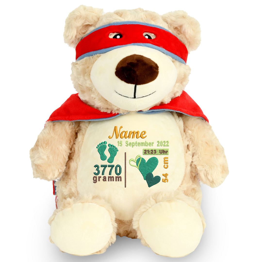 Personalisiertes Kuscheltier Bär mit Name – Hero Bear Plüschtier für Babys & Kinder | Geschenk zur Geburt, Taufe oder Geburtstag