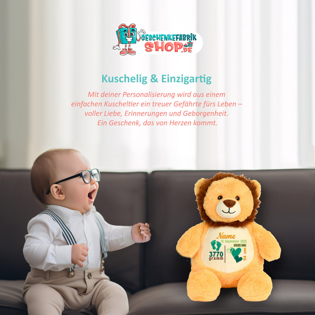 Personalisiertes Kuscheltier Baby Lion mit Name & Geburtsdaten – Geschenk zur Geburt oder Taufe