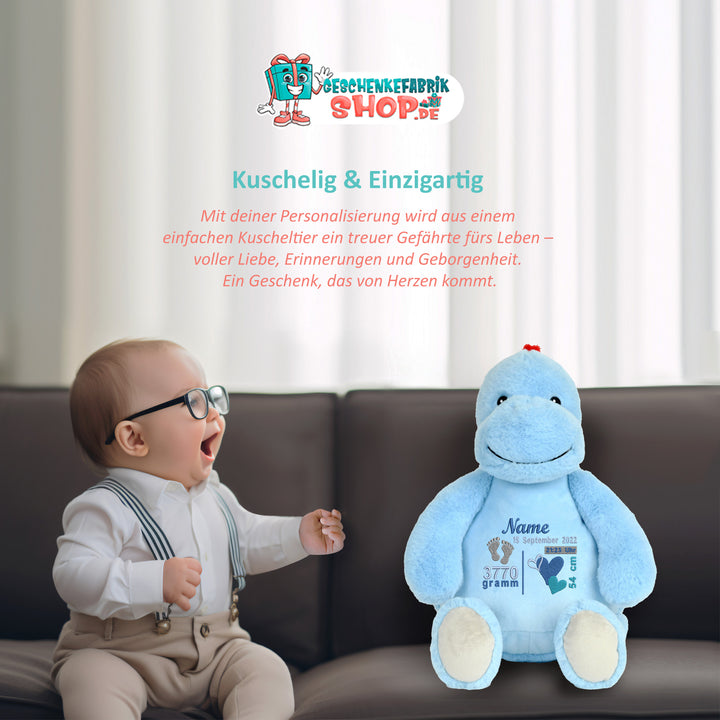 Personalisiertes Kuscheltier Baby Dinosaurier mit Name & Geburtsdaten – Geschenk zur Geburt oder Taufe