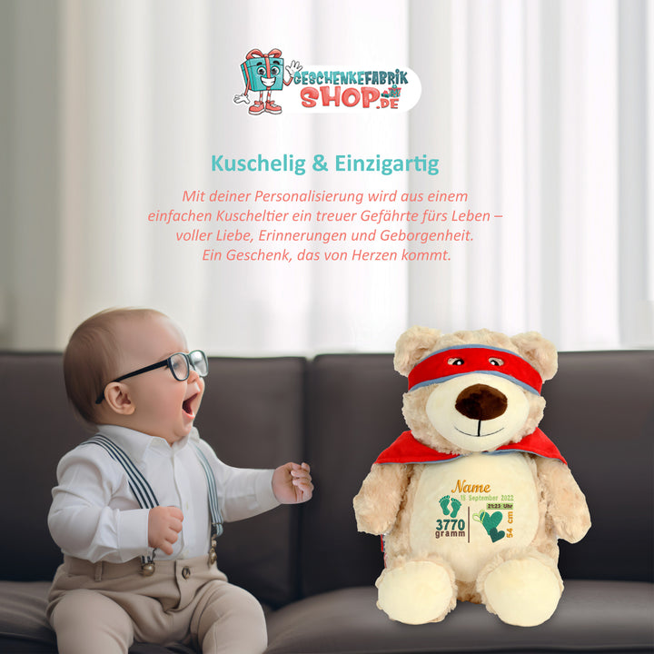 Personalisiertes Kuscheltier Bär mit Name – Hero Bear Plüschtier für Babys & Kinder | Geschenk zur Geburt, Taufe oder Geburtstag