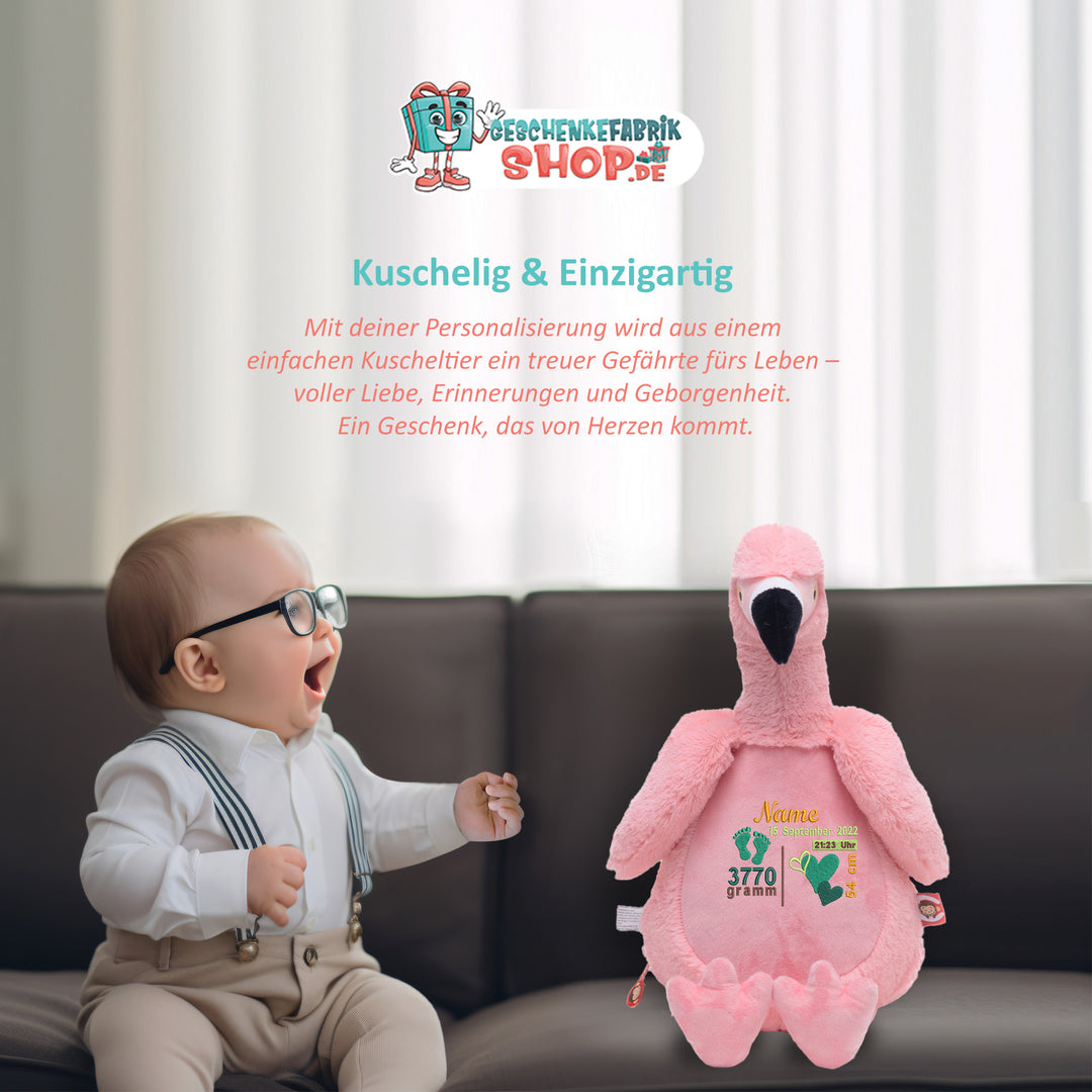 Personalisiertes Kuscheltier Flamingo mit Name – Rosa Plüschtier für Babys & Kinder | Geschenk zur Geburt, Taufe oder Geburtstag