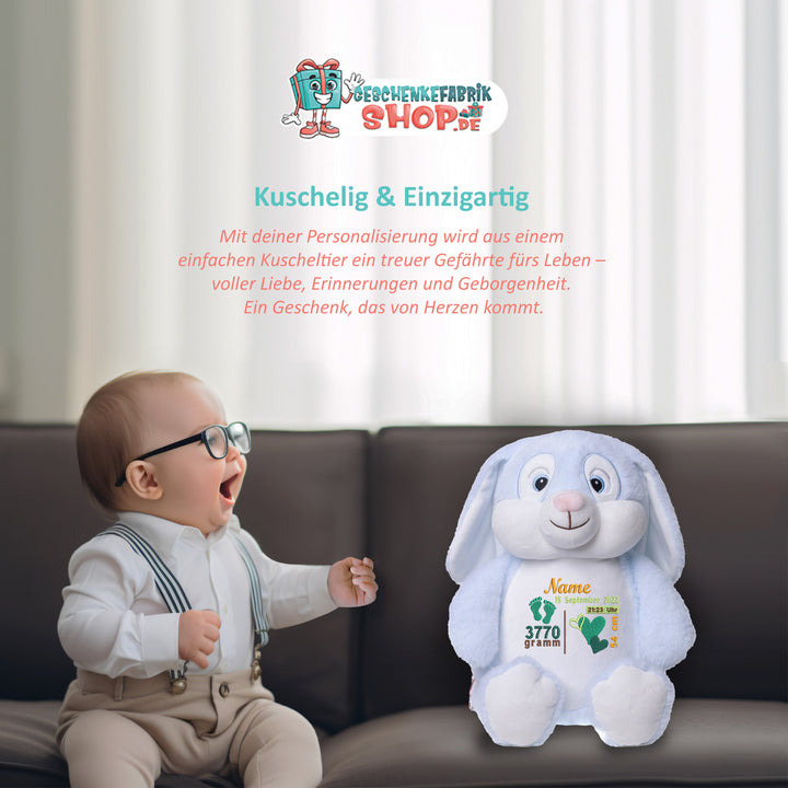 Personalisiertes Kuscheltier Hase Blau mit Name & Krone – Prinz Bunny Plüschtier für Babys & Kinder | Geschenk zur Geburt, Taufe oder Geburtstag