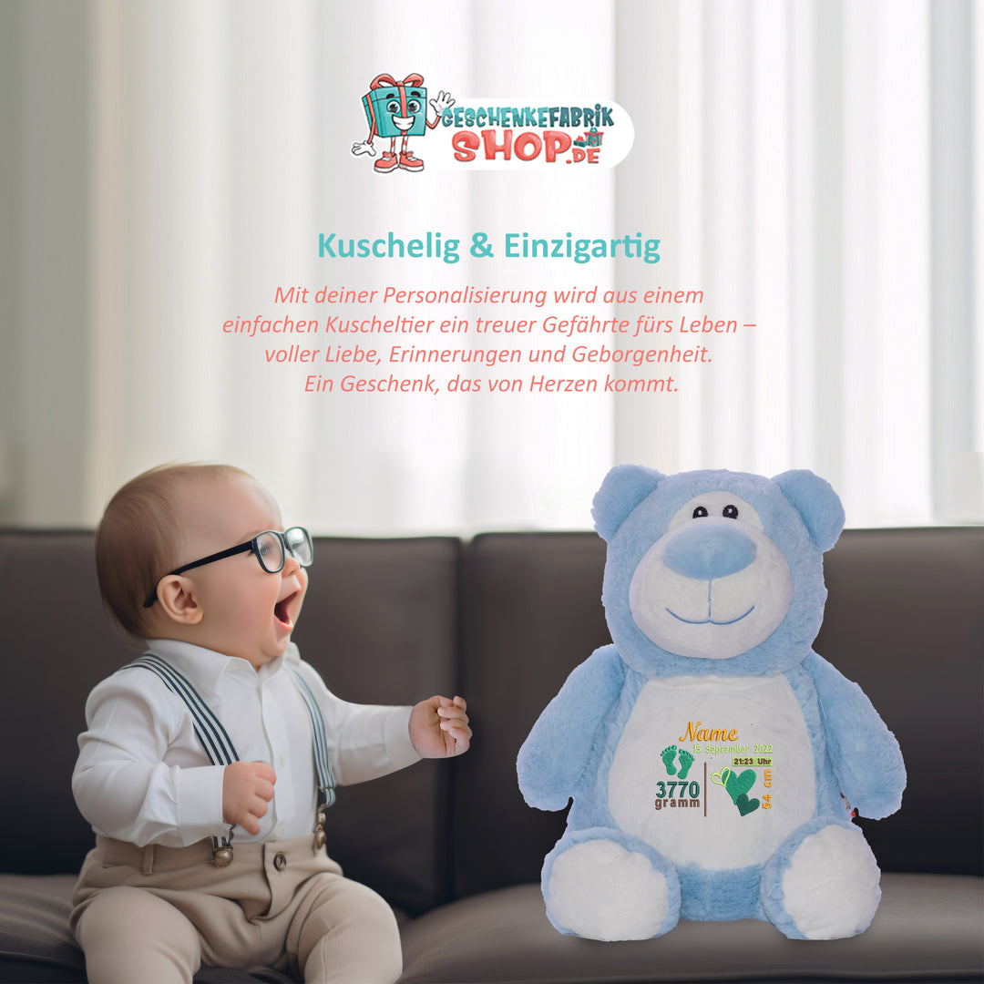 Personalisiertes Kuscheltier Bär Blau mit Name & Krone – Prinz Plüschtier für Babys & Kinder | Geschenk zur Geburt, Taufe oder Geburtstag