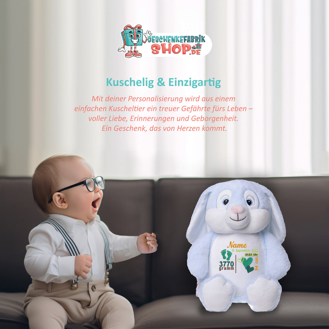 Personalisiertes Kuscheltier Hase Blau mit Name – Blue Bunny Plüschtier für Babys & Kinder | Geschenk zur Geburt, Taufe oder Geburtstag