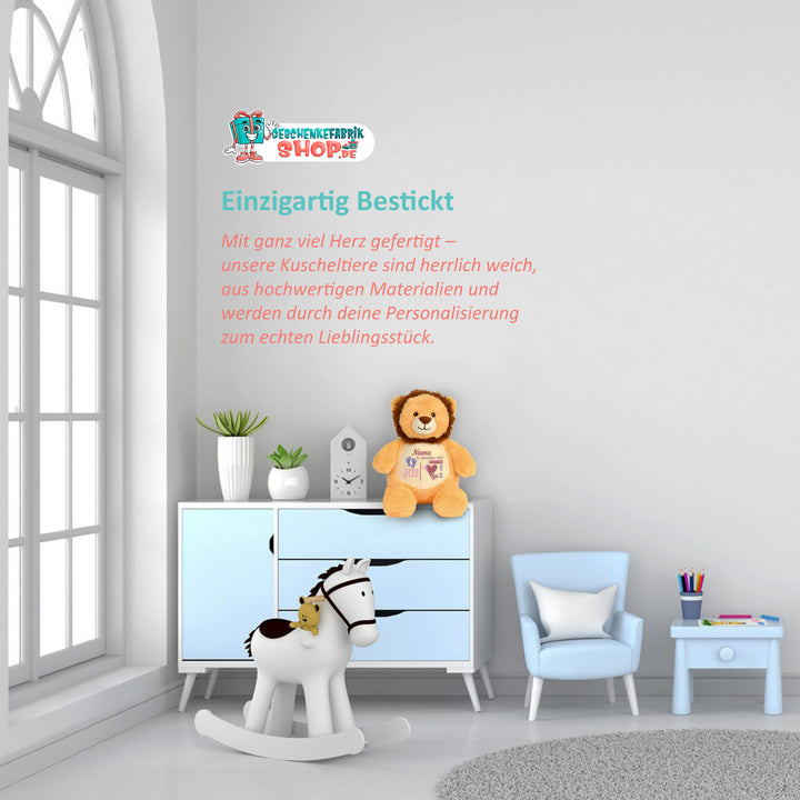 Personalisiertes Kuscheltier Baby Lion mit Name & Geburtsdaten – Geschenk zur Geburt oder Taufe