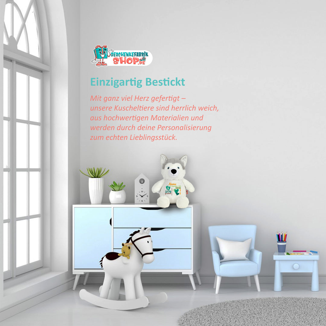 Personalisiertes Kuscheltier Wolf mit Name & Geburtsdaten – Geschenk zur Geburt oder Taufe
