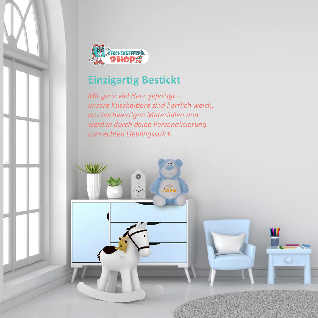 Personalisiertes Kuscheltier Bär Blau mit Name & Krone – Prinz Plüschtier für Babys & Kinder | Geschenk zur Geburt, Taufe oder Geburtstag