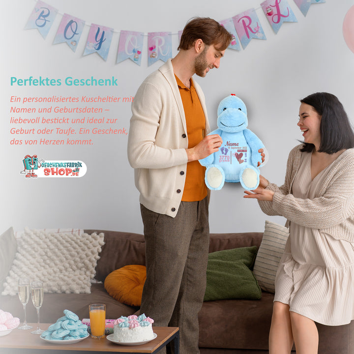 Personalisiertes Kuscheltier Baby Dinosaurier mit Name & Geburtsdaten – Geschenk zur Geburt oder Taufe