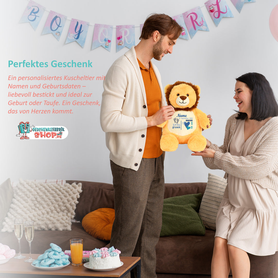 Personalisiertes Kuscheltier Baby Lion mit Name & Geburtsdaten – Geschenk zur Geburt oder Taufe